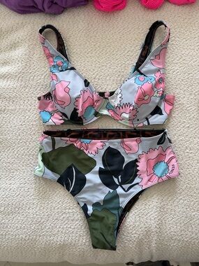 Floral High-Waist Bikini Set in Pink, Green & Blue